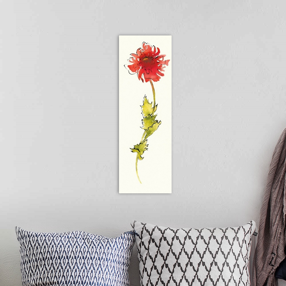 A bohemian room featuring Tall, vertical panel with a watercolor painting of a red flower and a long green stem outlined in...