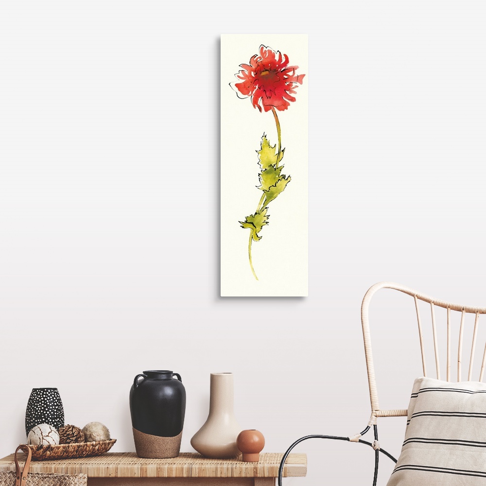 A farmhouse room featuring Tall, vertical panel with a watercolor painting of a red flower and a long green stem outlined in...
