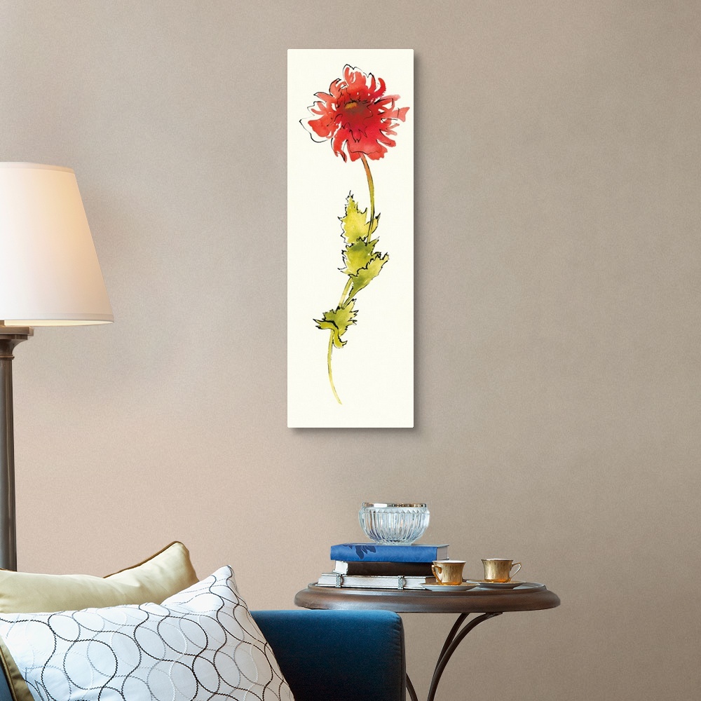 A traditional room featuring Tall, vertical panel with a watercolor painting of a red flower and a long green stem outlined in...