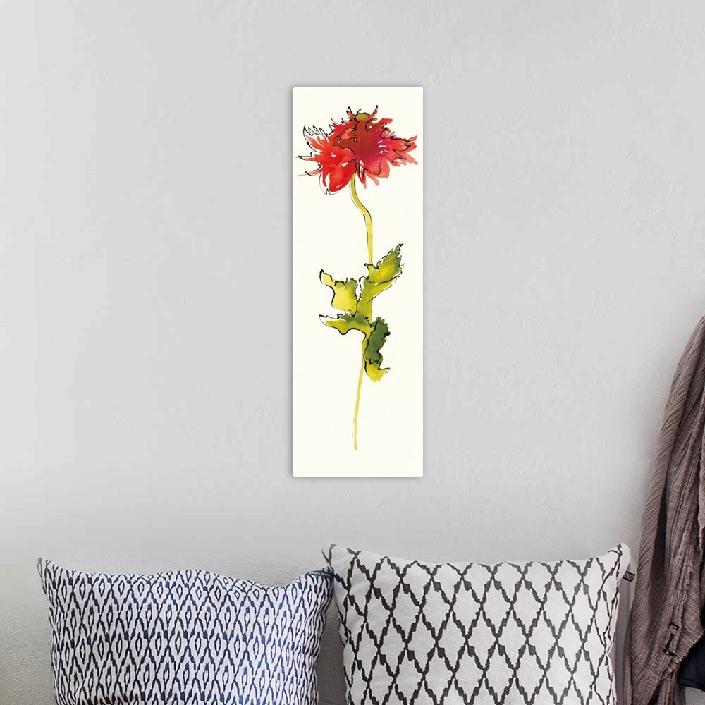 A bohemian room featuring Tall, vertical panel with a watercolor painting of a red flower and a long green stem outlined in...