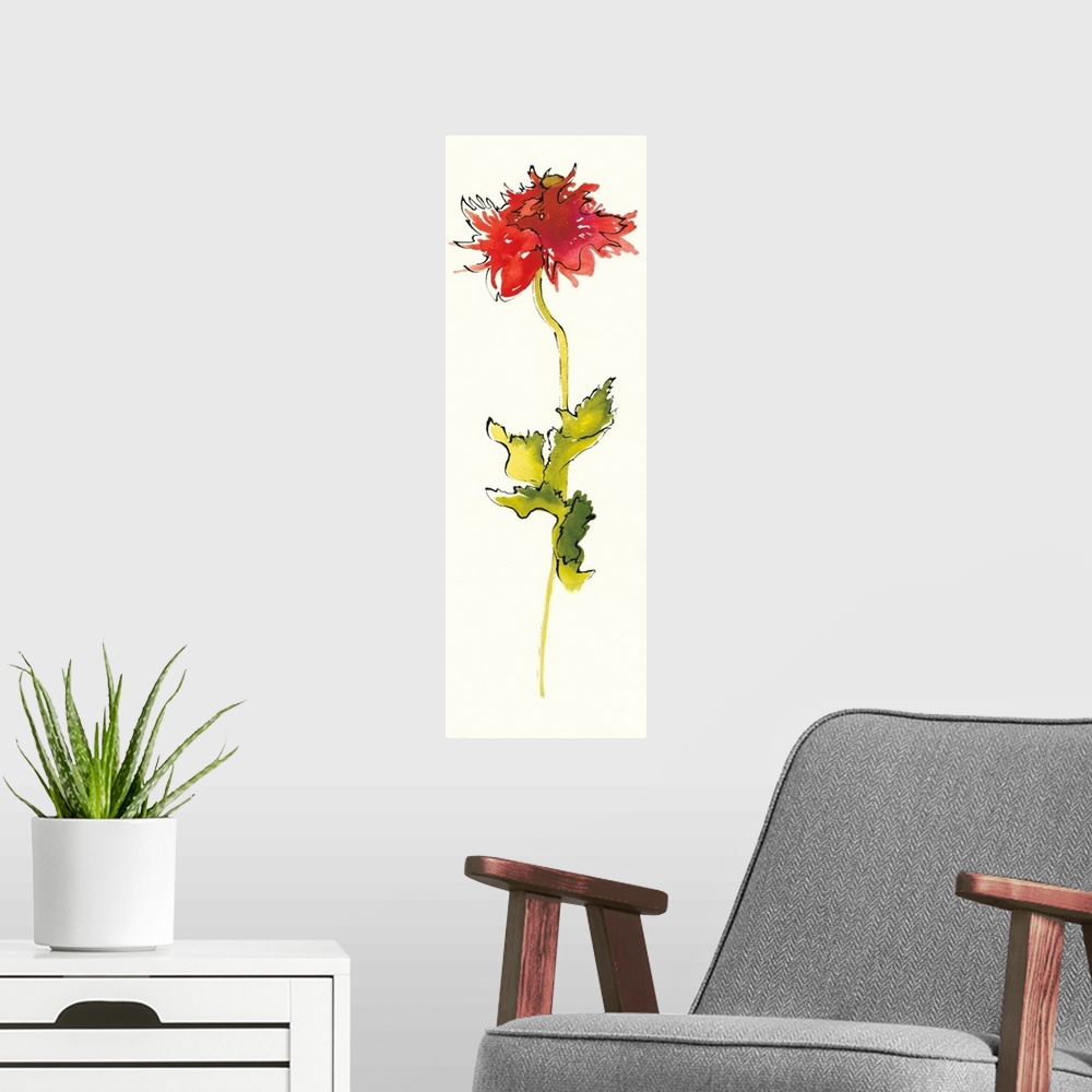 A modern room featuring Tall, vertical panel with a watercolor painting of a red flower and a long green stem outlined in...