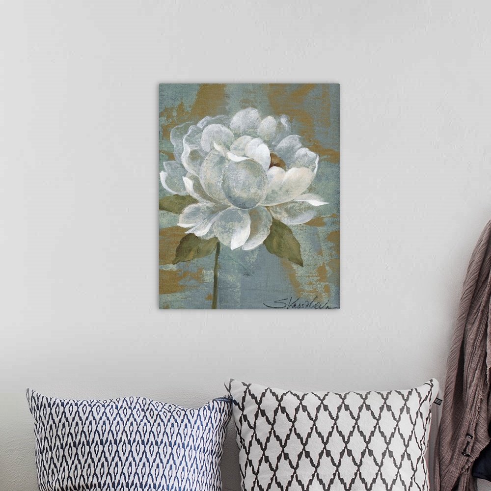 A bohemian room featuring Up-close painting of flower with abstract background.