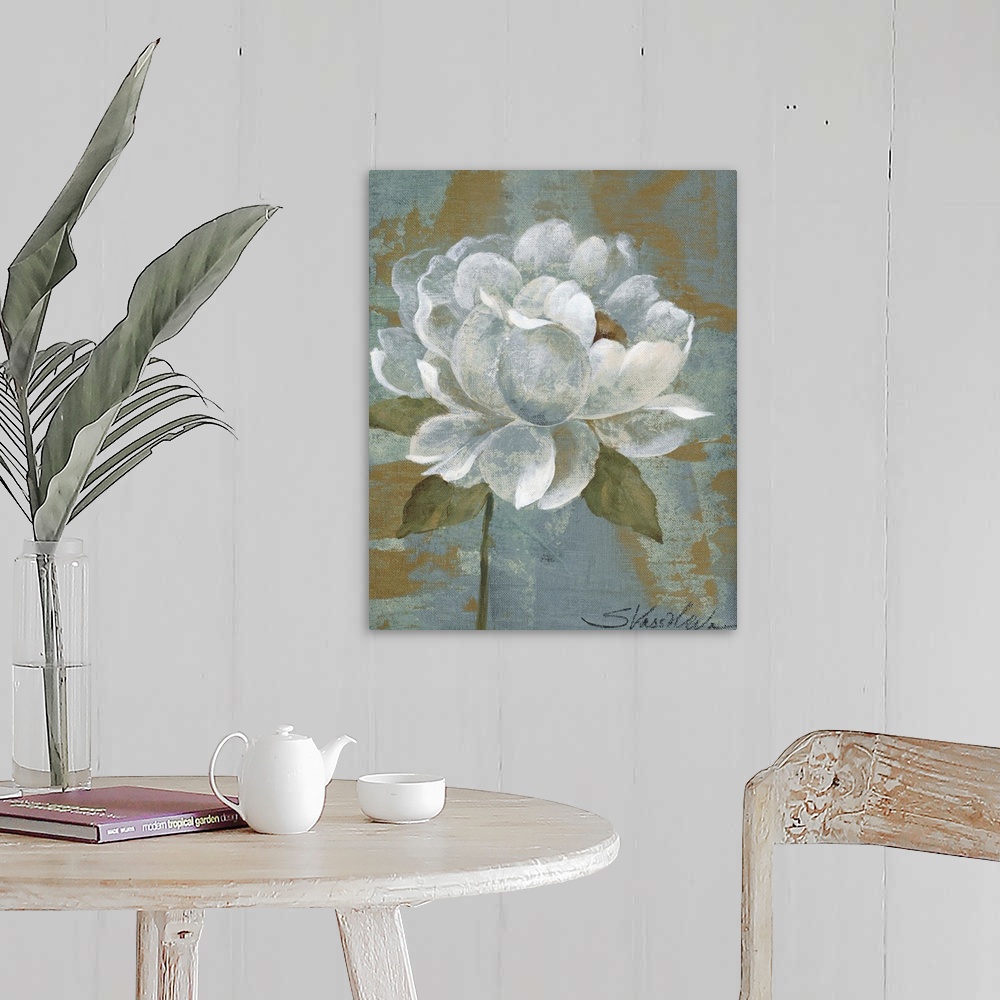 A farmhouse room featuring Up-close painting of flower with abstract background.