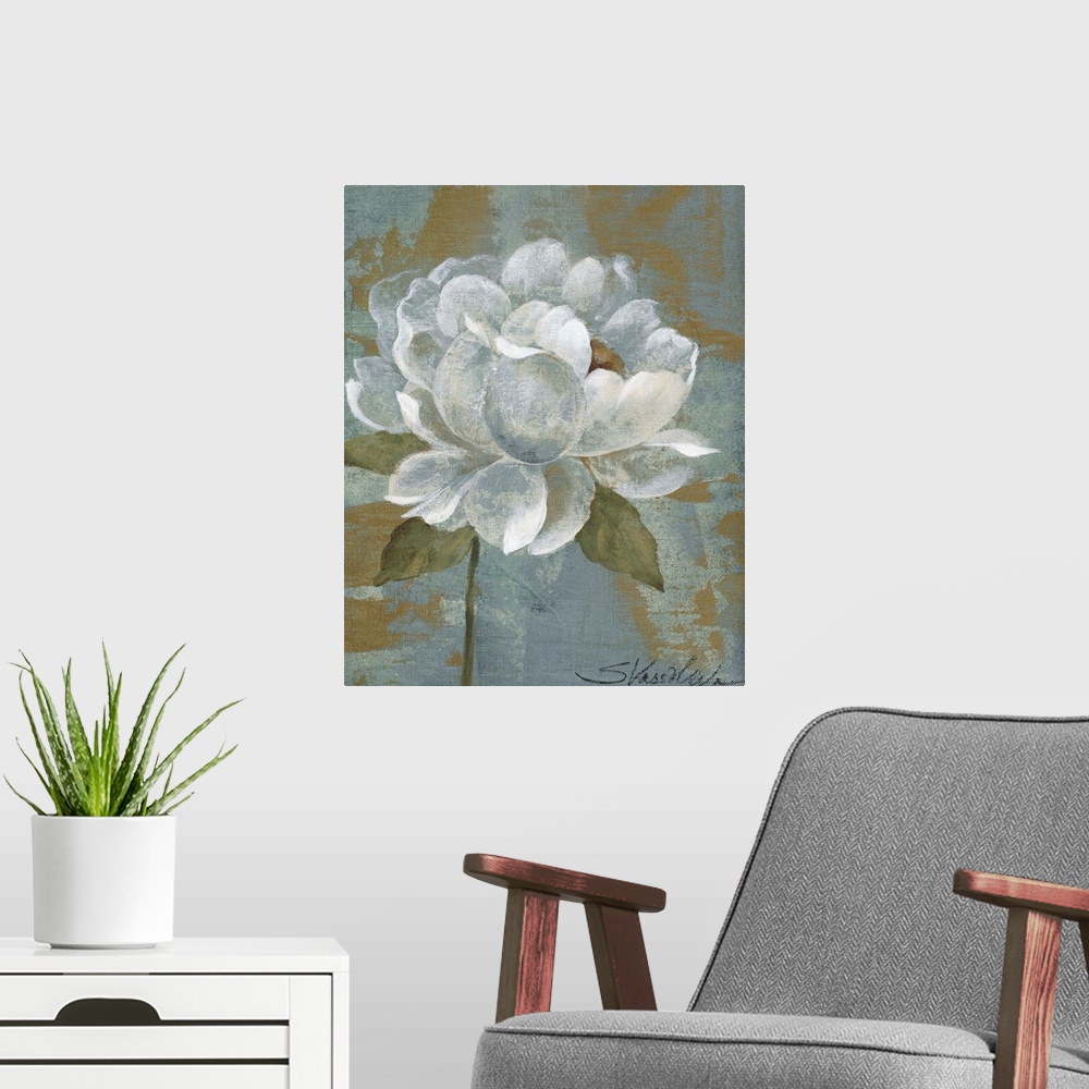 A modern room featuring Up-close painting of flower with abstract background.