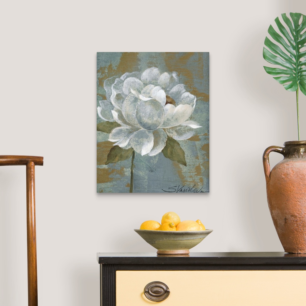 A traditional room featuring Up-close painting of flower with abstract background.