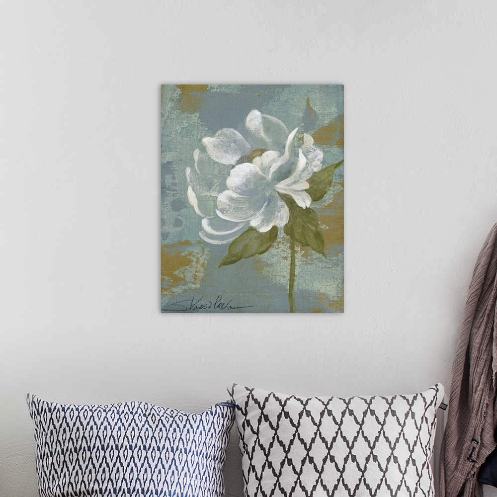 A bohemian room featuring Docor perfect for the home of a white peony flower that has been painted over a soft blue backgro...