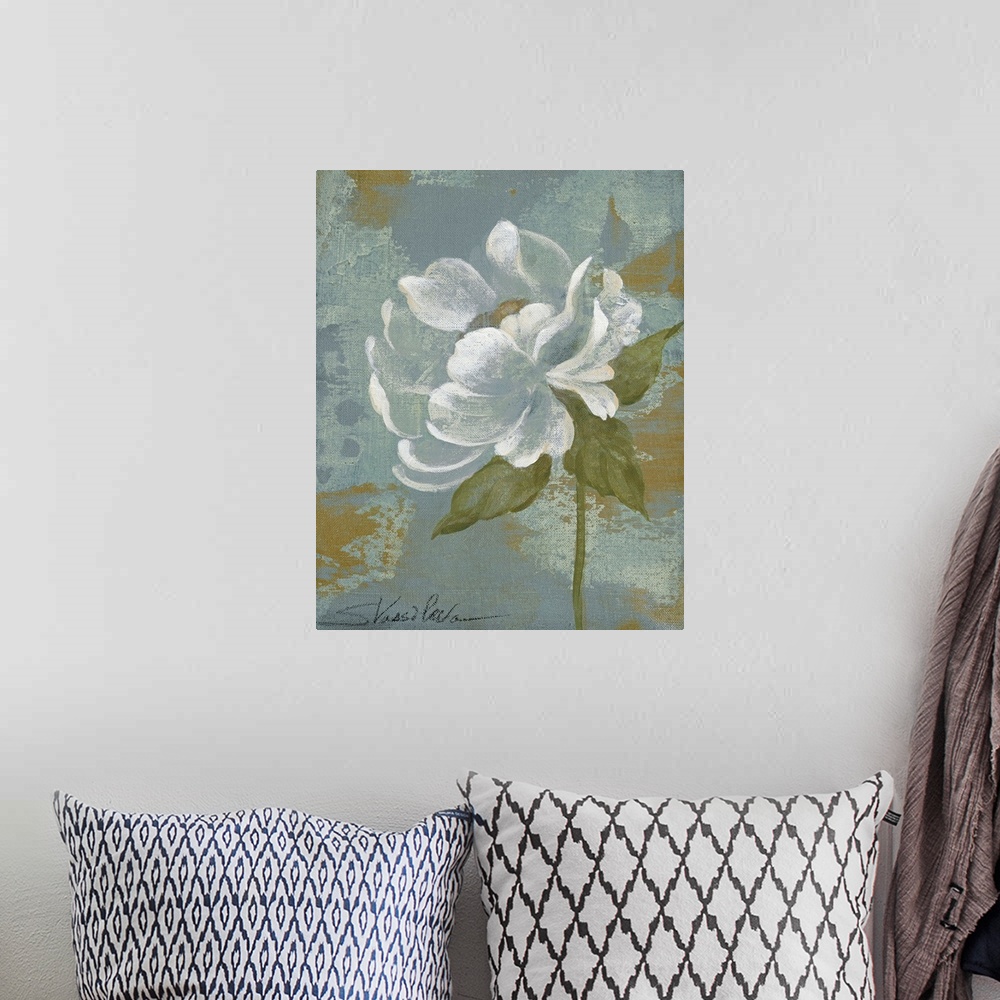 A bohemian room featuring Docor perfect for the home of a white peony flower that has been painted over a soft blue backgro...