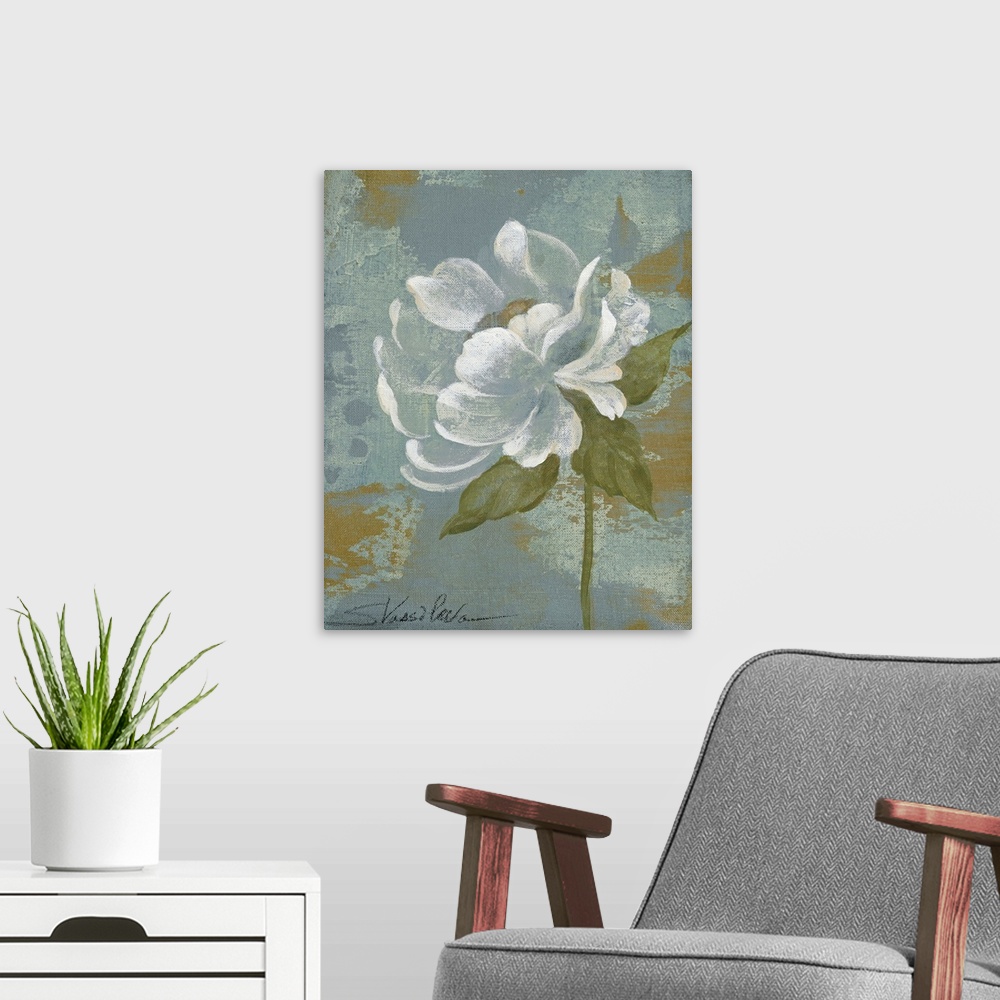 A modern room featuring Docor perfect for the home of a white peony flower that has been painted over a soft blue backgro...