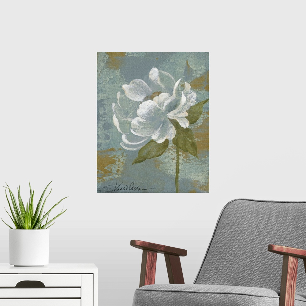 A modern room featuring Docor perfect for the home of a white peony flower that has been painted over a soft blue backgro...