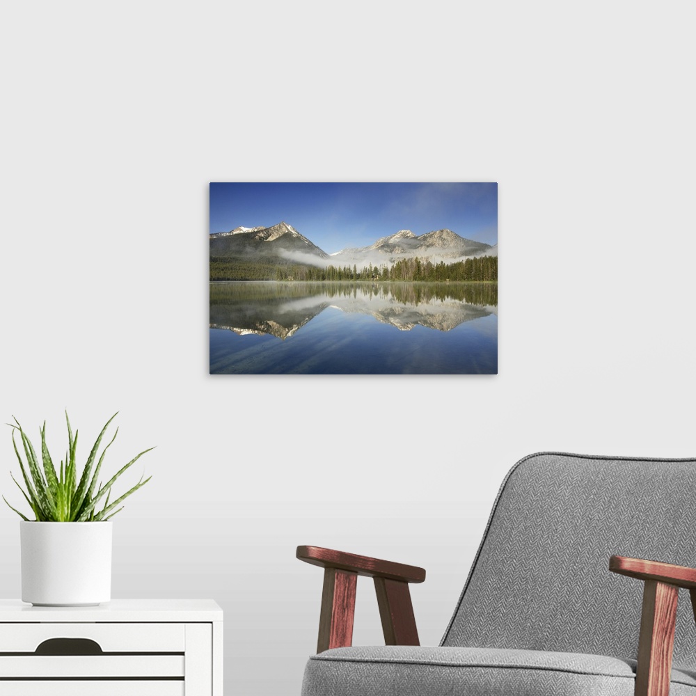 A modern room featuring Photograph of Petit Lake in clearing morning fog, Sawtooth National Recreation Area Idaho