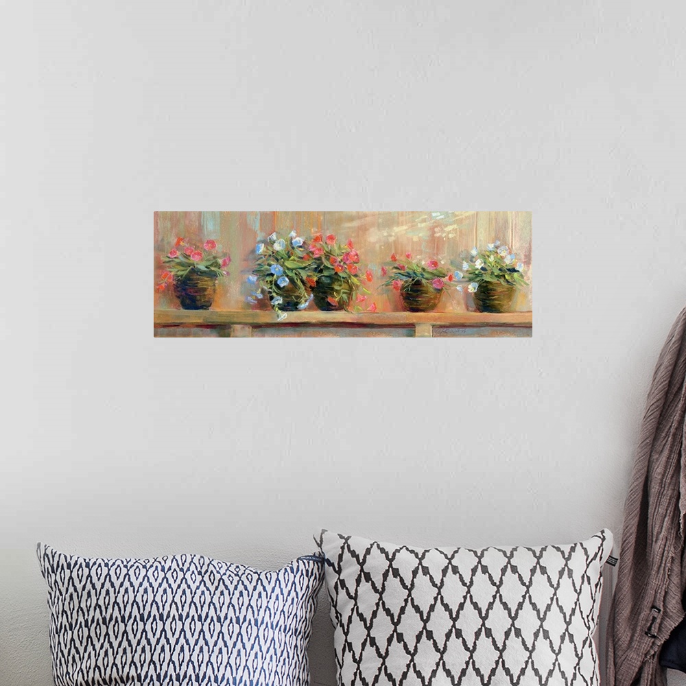A bohemian room featuring Panoramic painting of the flower pots sitting on a ledge.