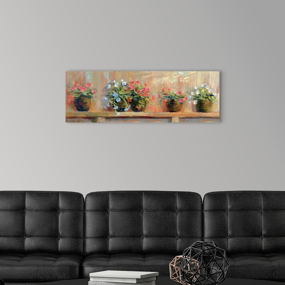 A modern room featuring Panoramic painting of the flower pots sitting on a ledge.