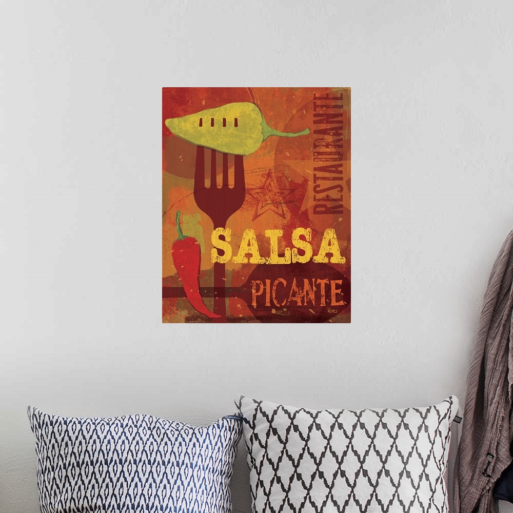 A bohemian room featuring Decorative wall art for the kitchen or a restaurant space this wall art shows hot peppers, a fork...