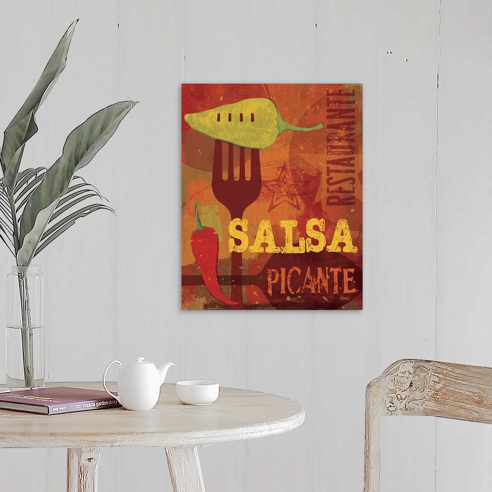 A farmhouse room featuring Decorative wall art for the kitchen or a restaurant space this wall art shows hot peppers, a fork...