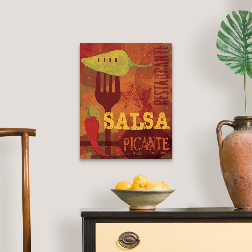 A traditional room featuring Decorative wall art for the kitchen or a restaurant space this wall art shows hot peppers, a fork...