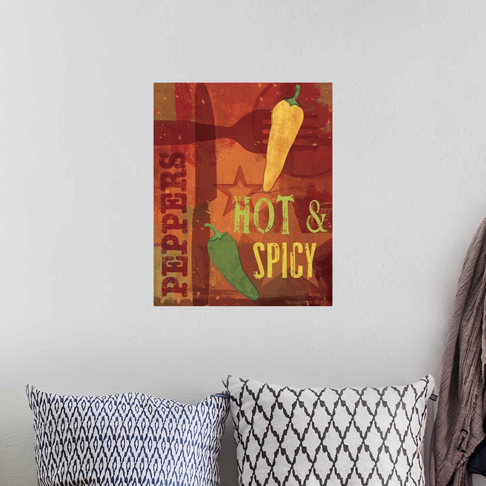 A bohemian room featuring Vertical artwork on big canvas of a fork and knife on a decorated background of warm colors, with...