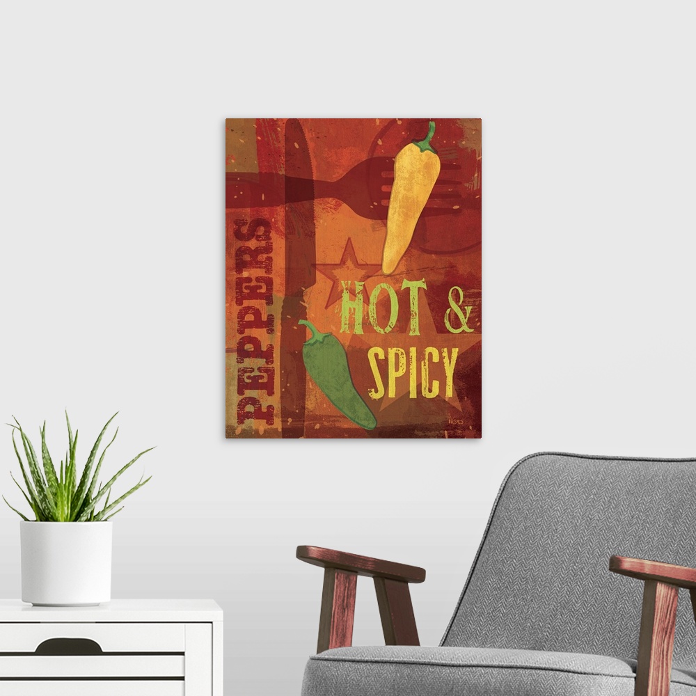 A modern room featuring Vertical artwork on big canvas of a fork and knife on a decorated background of warm colors, with...