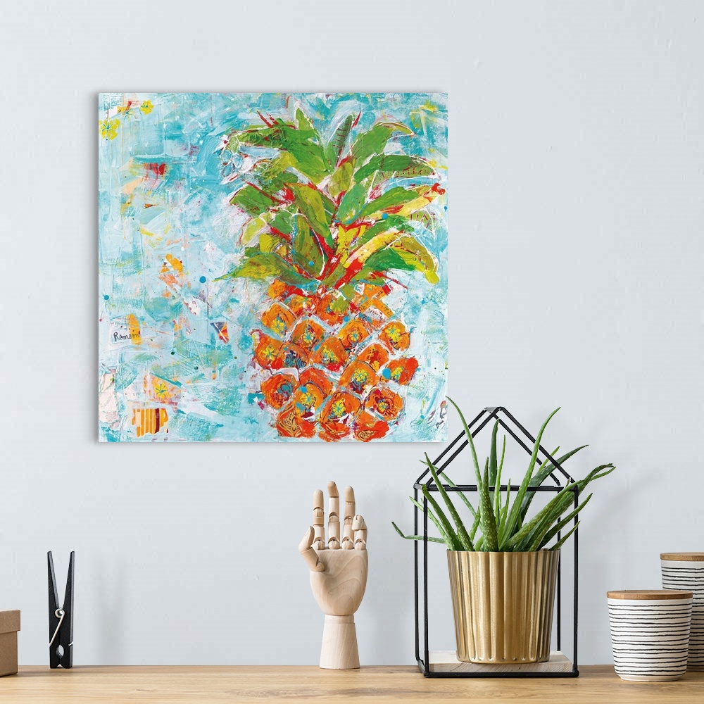 A bohemian room featuring Energetic brush strokes in bright colors create a pineapple adorned with floral elements and pain...