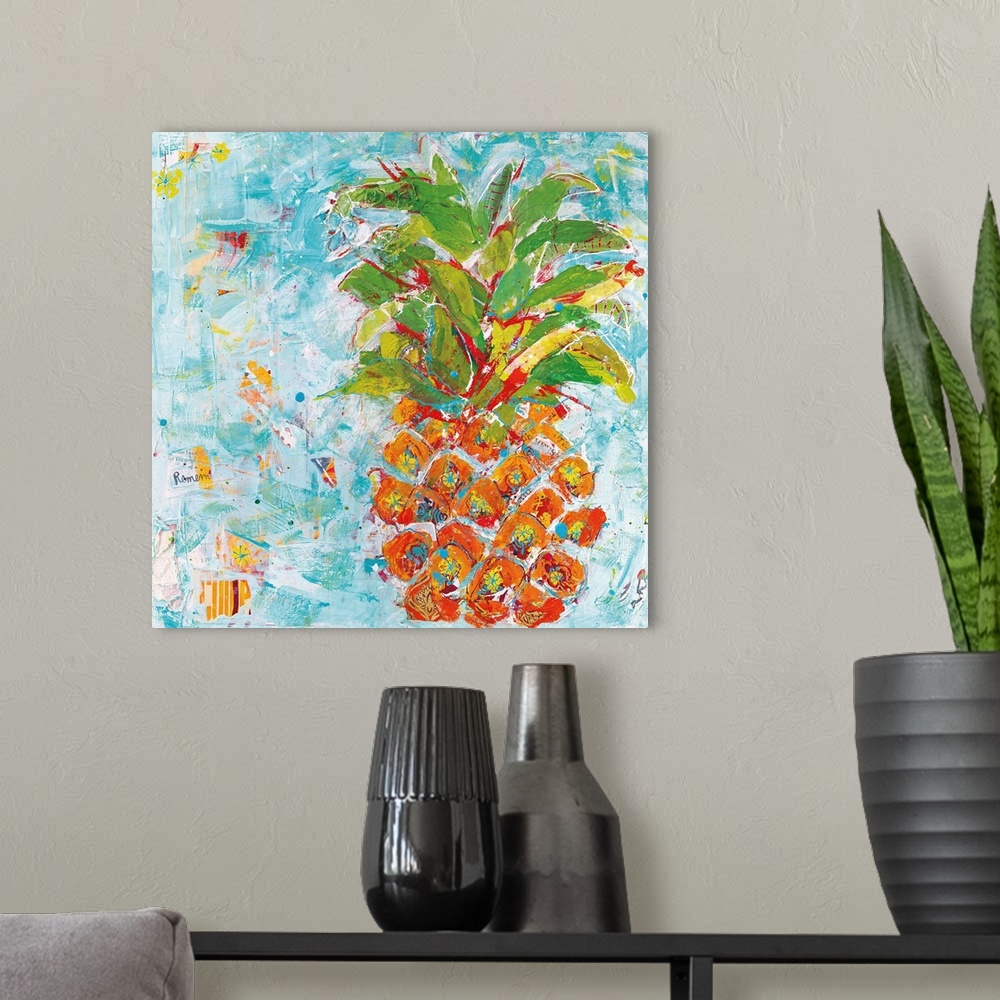 A modern room featuring Energetic brush strokes in bright colors create a pineapple adorned with floral elements and pain...
