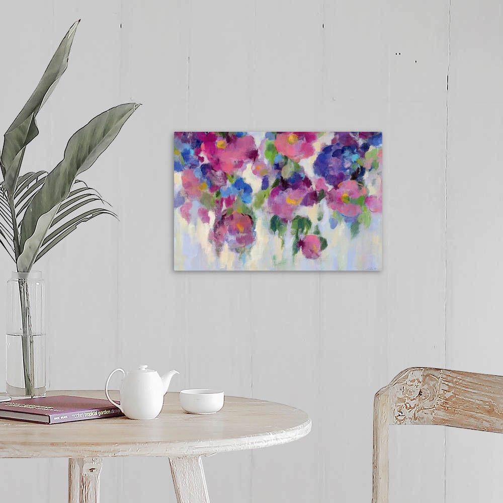 A farmhouse room featuring Contemporary painting of blue and pink flowers.