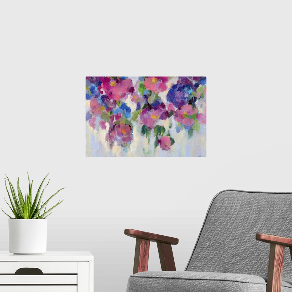 A modern room featuring Contemporary painting of blue and pink flowers.