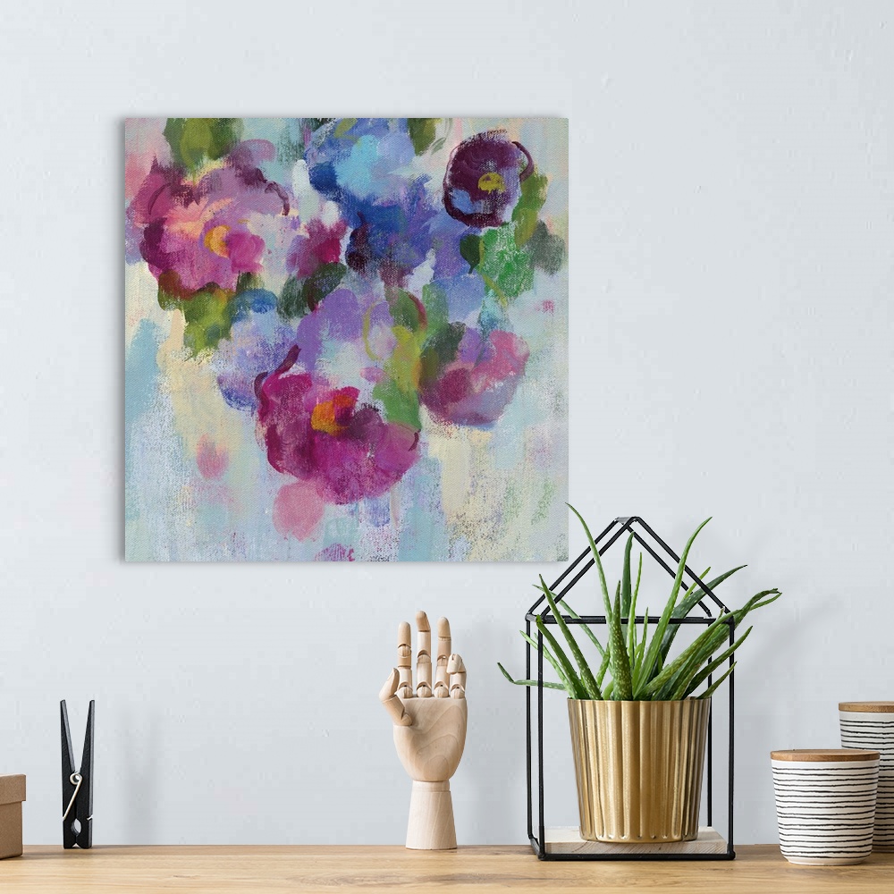 A bohemian room featuring Contemporary painting of blooming flowers in purple and pink.