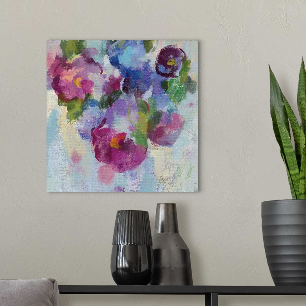 A modern room featuring Contemporary painting of blooming flowers in purple and pink.