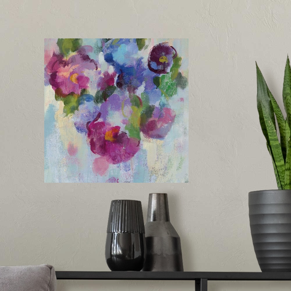 A modern room featuring Contemporary painting of blooming flowers in purple and pink.