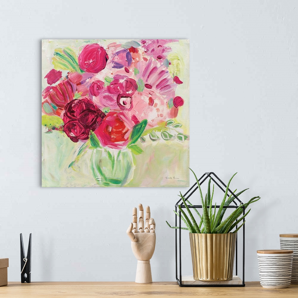 A bohemian room featuring Square painting of a bouquet of abstract flowers in a vase.