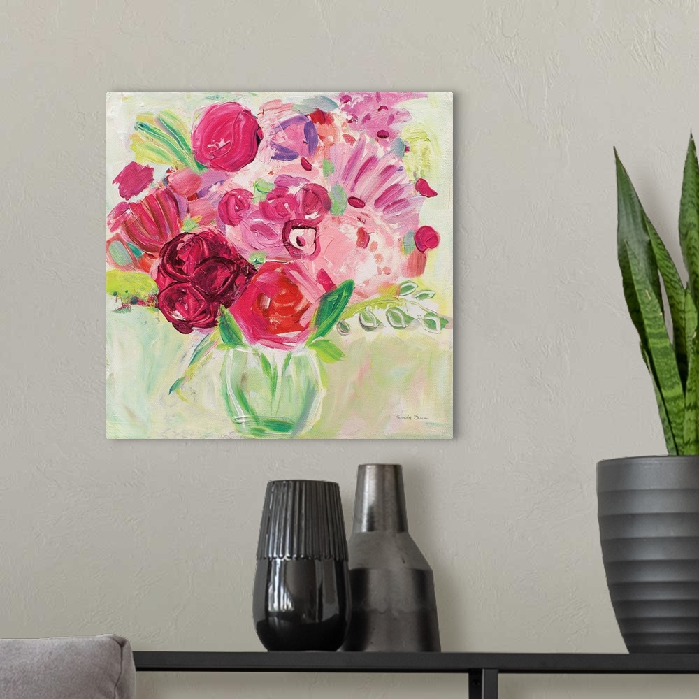 A modern room featuring Square painting of a bouquet of abstract flowers in a vase.