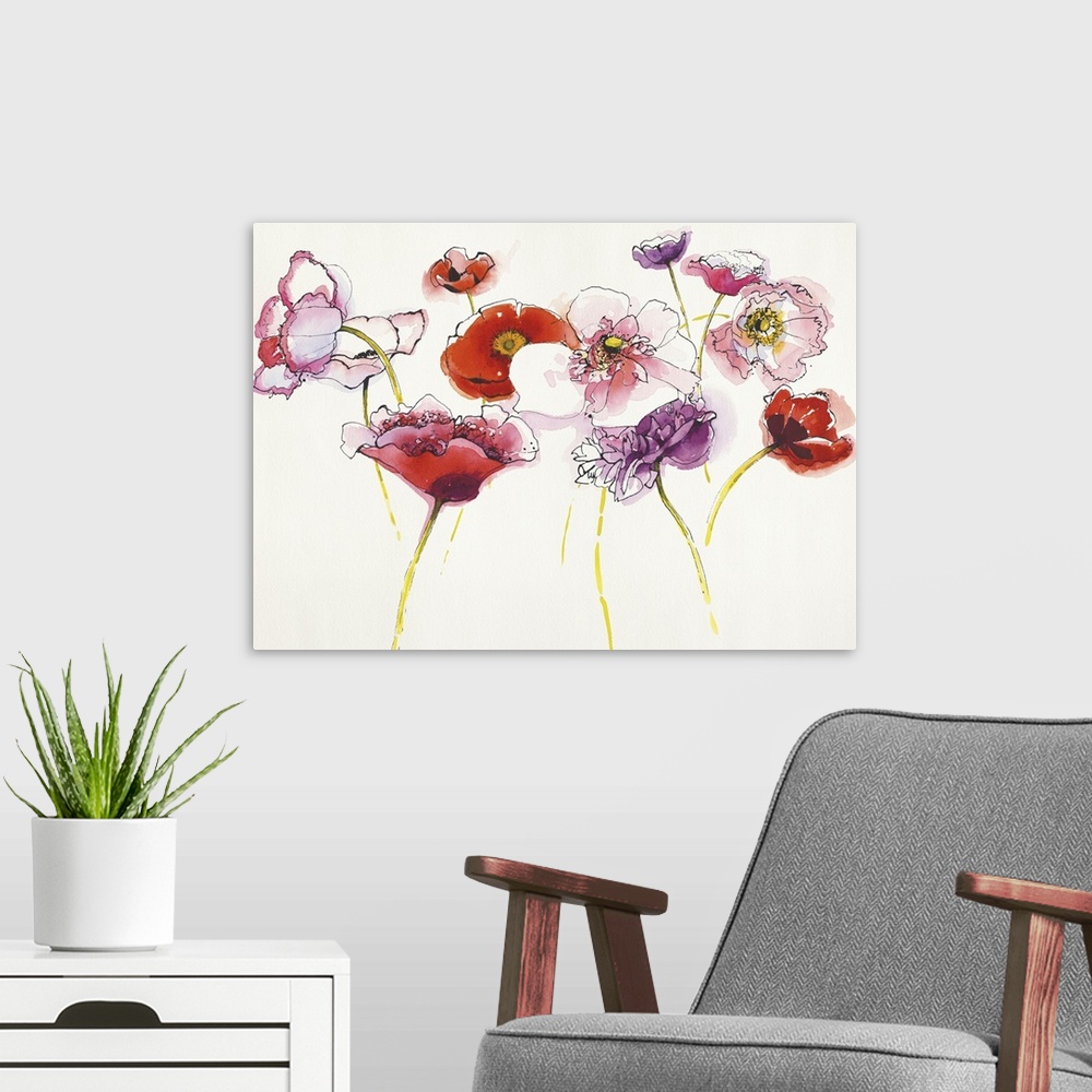 A modern room featuring Watercolor painting of pink purple and red flower against a neutral background.