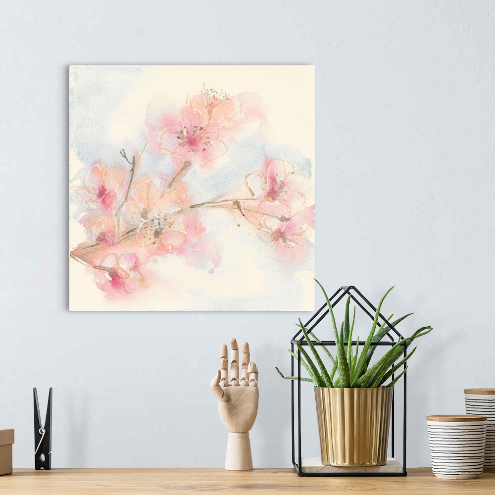 A bohemian room featuring Painting of a branch with pastel pink blooms.
