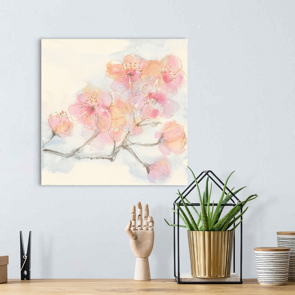 A bohemian room featuring Painting of a branch with pastel pink blooms.