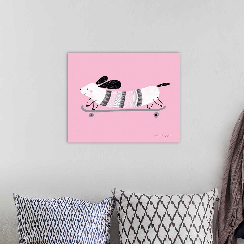 A bohemian room featuring An adorable illustration of a small weiner dog with a striped torso riding a longboard on a pink ...