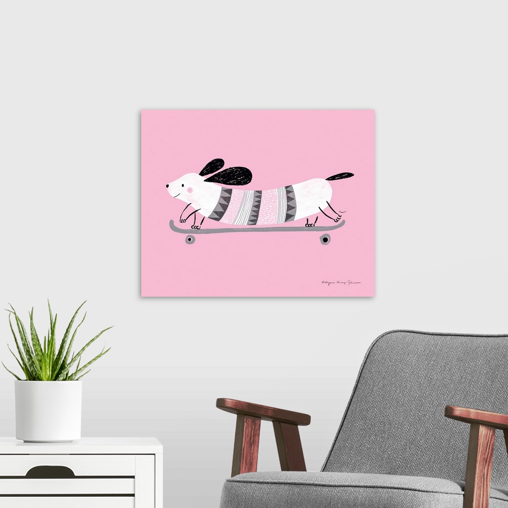 A modern room featuring An adorable illustration of a small weiner dog with a striped torso riding a longboard on a pink ...