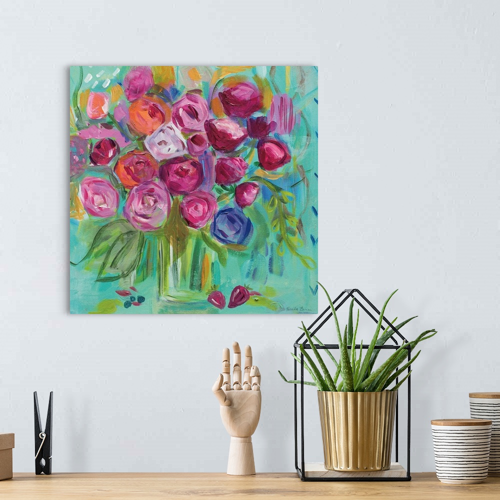 A bohemian room featuring Square painting of a bouquet of abstract flowers in a vase on a teal background.