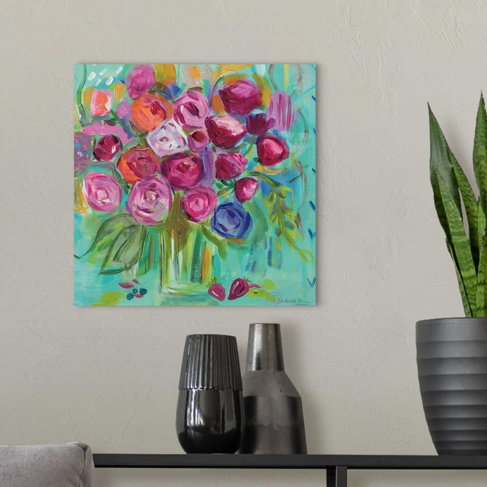 A modern room featuring Square painting of a bouquet of abstract flowers in a vase on a teal background.
