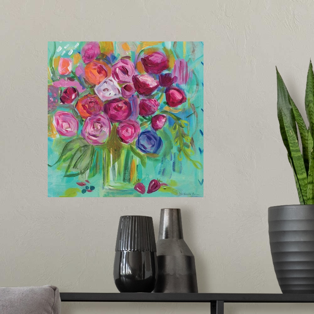 A modern room featuring Square painting of a bouquet of abstract flowers in a vase on a teal background.