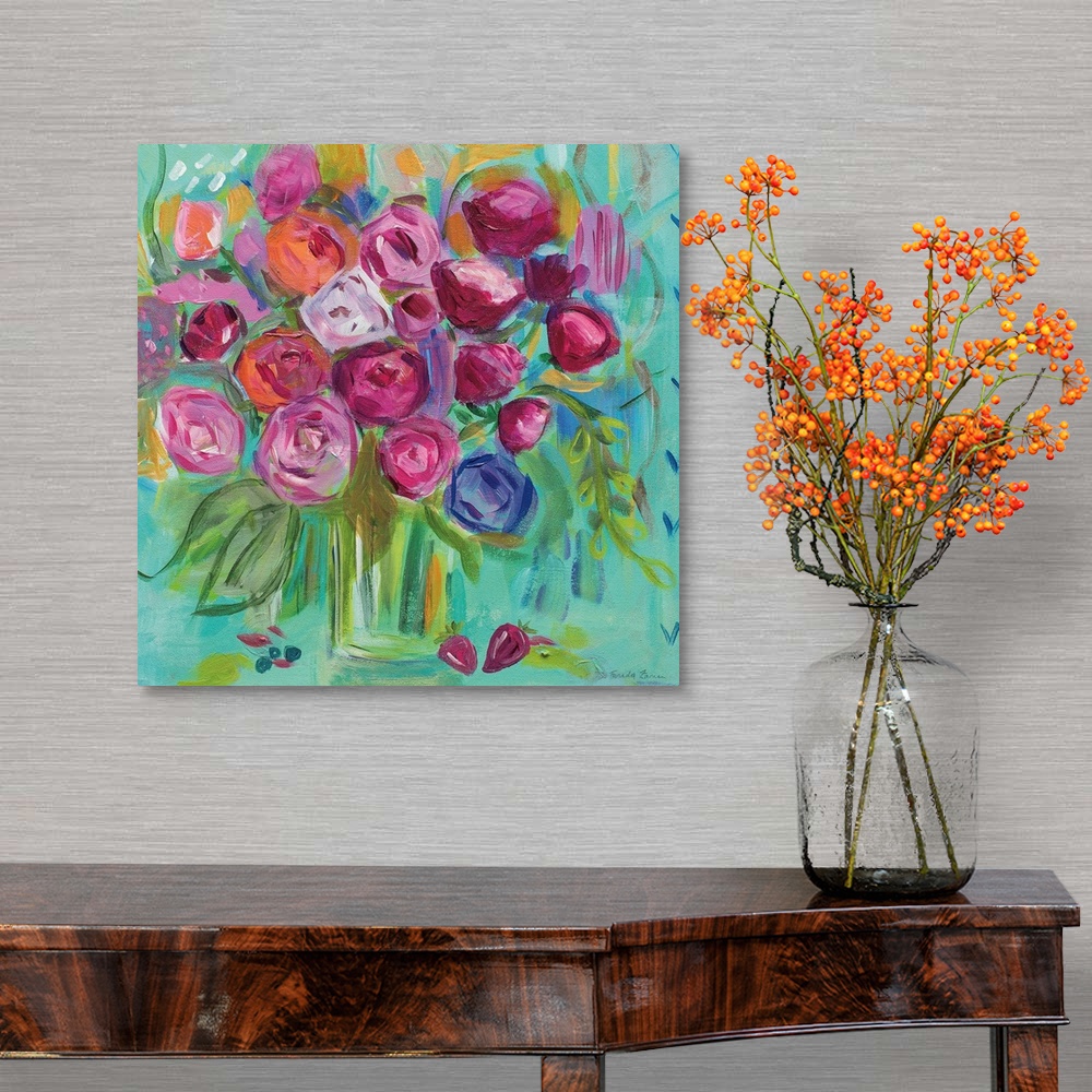 A traditional room featuring Square painting of a bouquet of abstract flowers in a vase on a teal background.