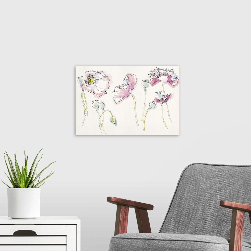 A modern room featuring Watercolor painting of soft pink flowers in different positions against a neutral toned background.