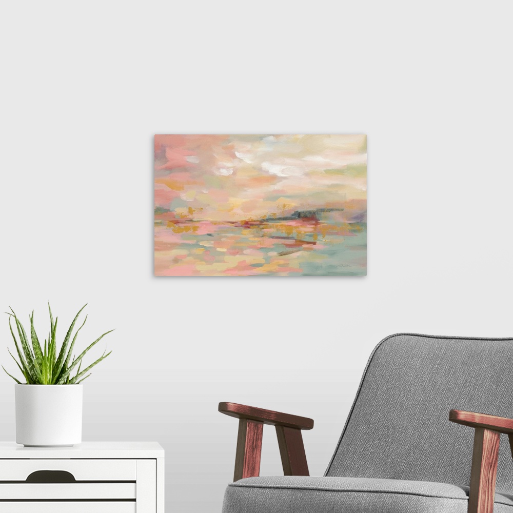 A modern room featuring Contemporary artwork of colorful horizontal brush strokes with distressed sections throughout.