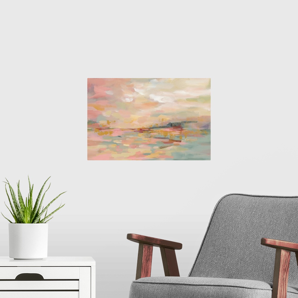 A modern room featuring Contemporary artwork of colorful horizontal brush strokes with distressed sections throughout.