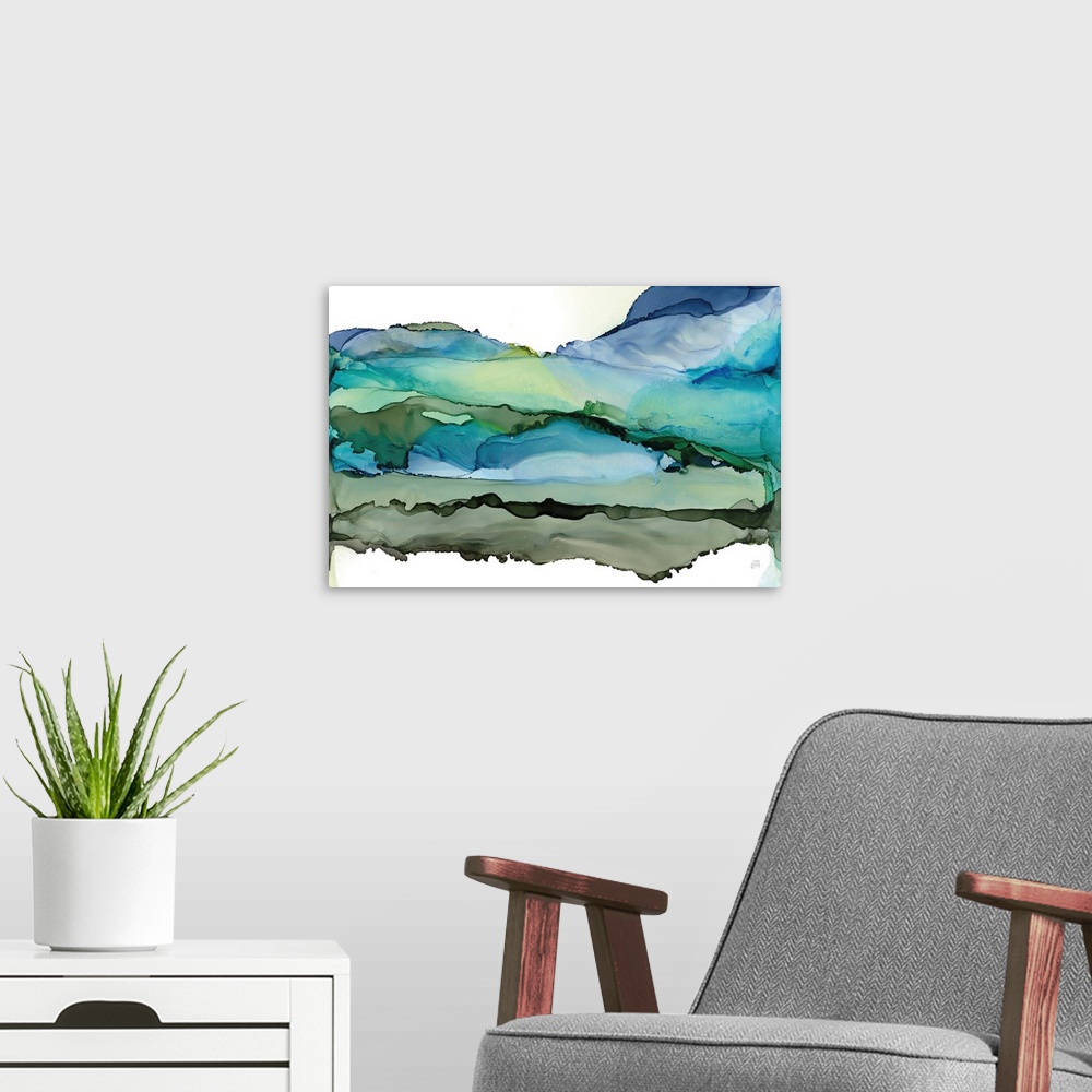 A modern room featuring A contemporary abstract in alcohol inks resembling rolling blue green hills on a white background