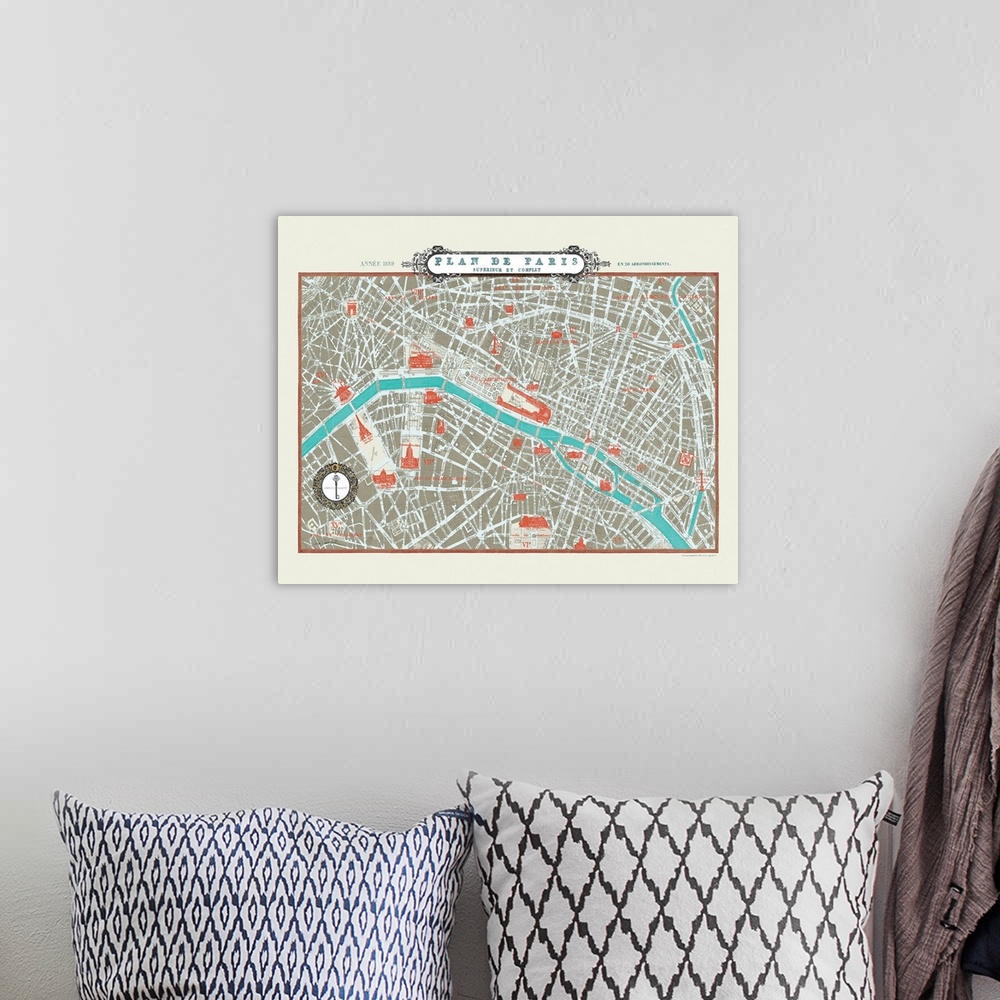A bohemian room featuring Contemporary artwork of a city map with a beige border.