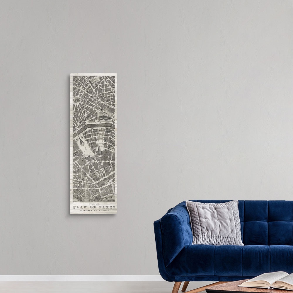 A modern room featuring Decorative artwork of a vintage map of Paris featuring the words, 'Plan de Paris, Superieur Et Co...