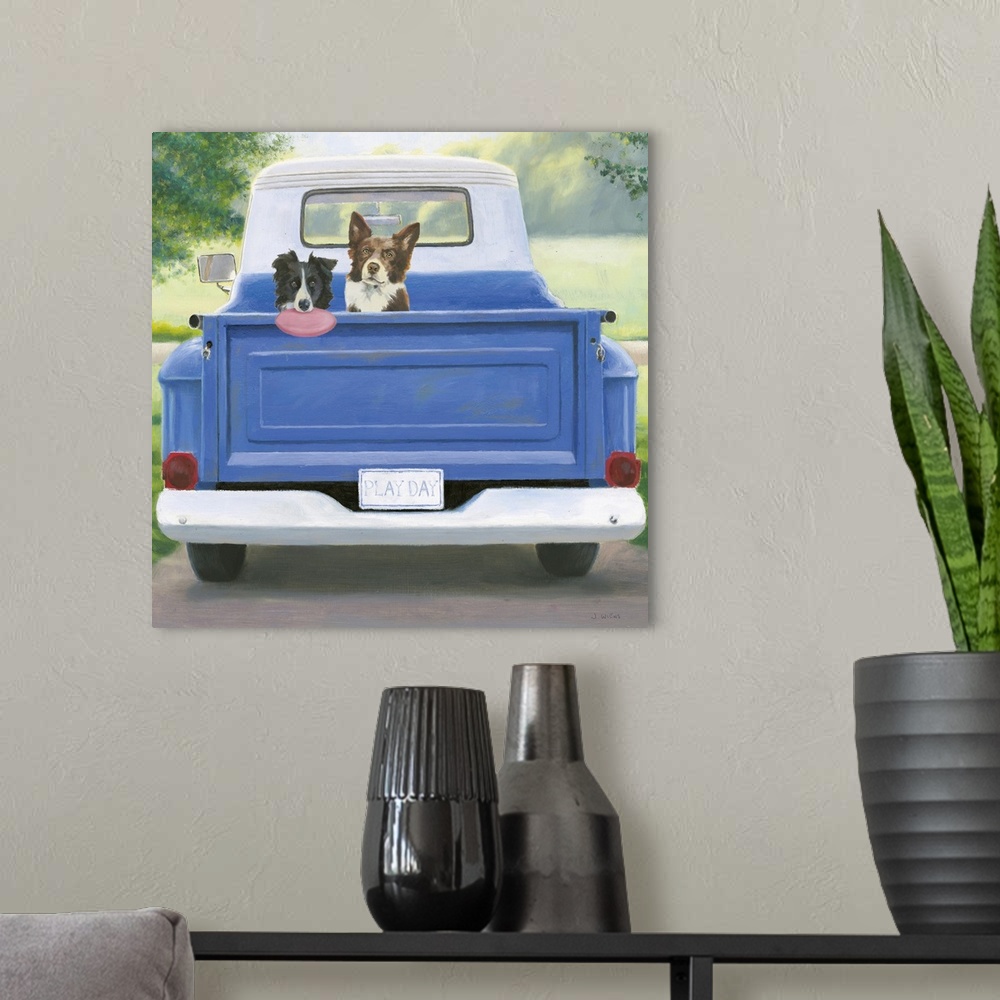 A modern room featuring Contemporary artwork featuring an australian shepard and a border collie in the bed of a blue truck.
