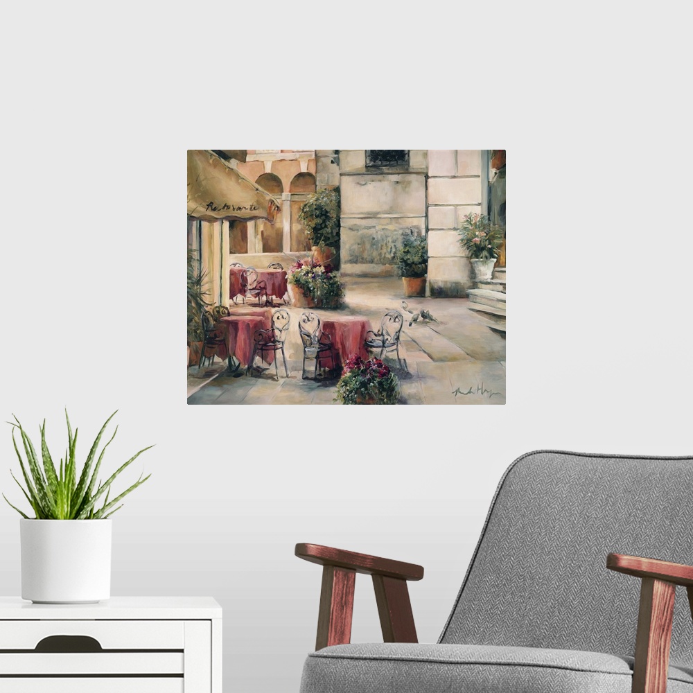 A modern room featuring Landscape, large wall painting of a stone courtyard setting outside of a cafo, with several table...
