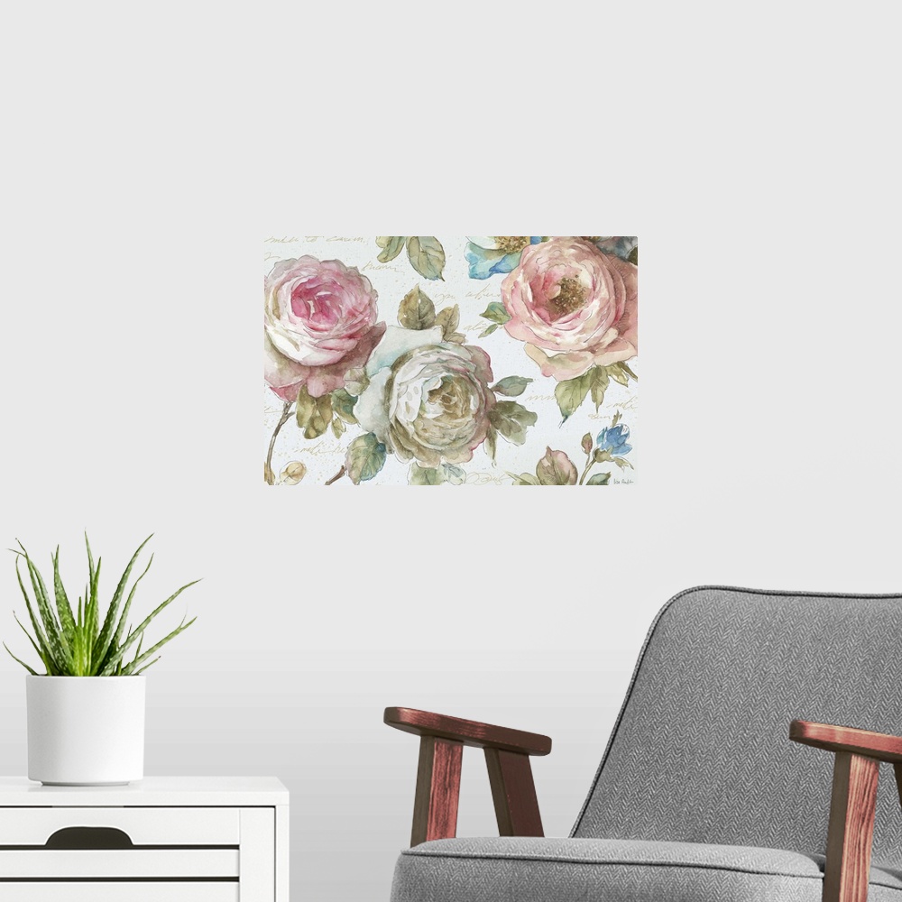 A modern room featuring Watercolor artwork of big beautiful peonies against a beige background.