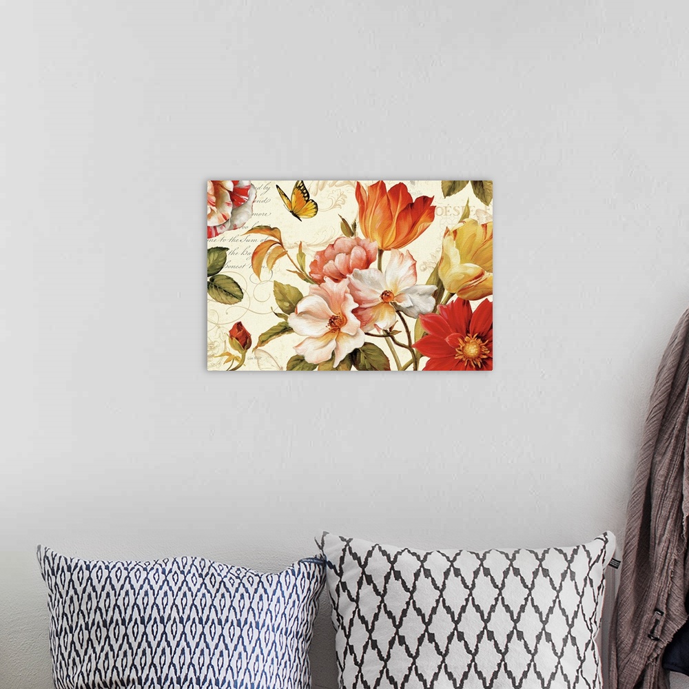A bohemian room featuring Big canvas art of realistic looking flowers painted on top of a background with various overlays ...