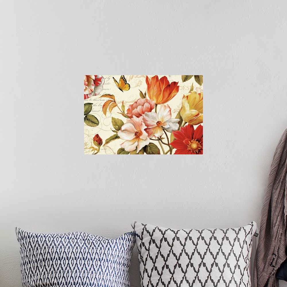A bohemian room featuring Big canvas art of realistic looking flowers painted on top of a background with various overlays ...
